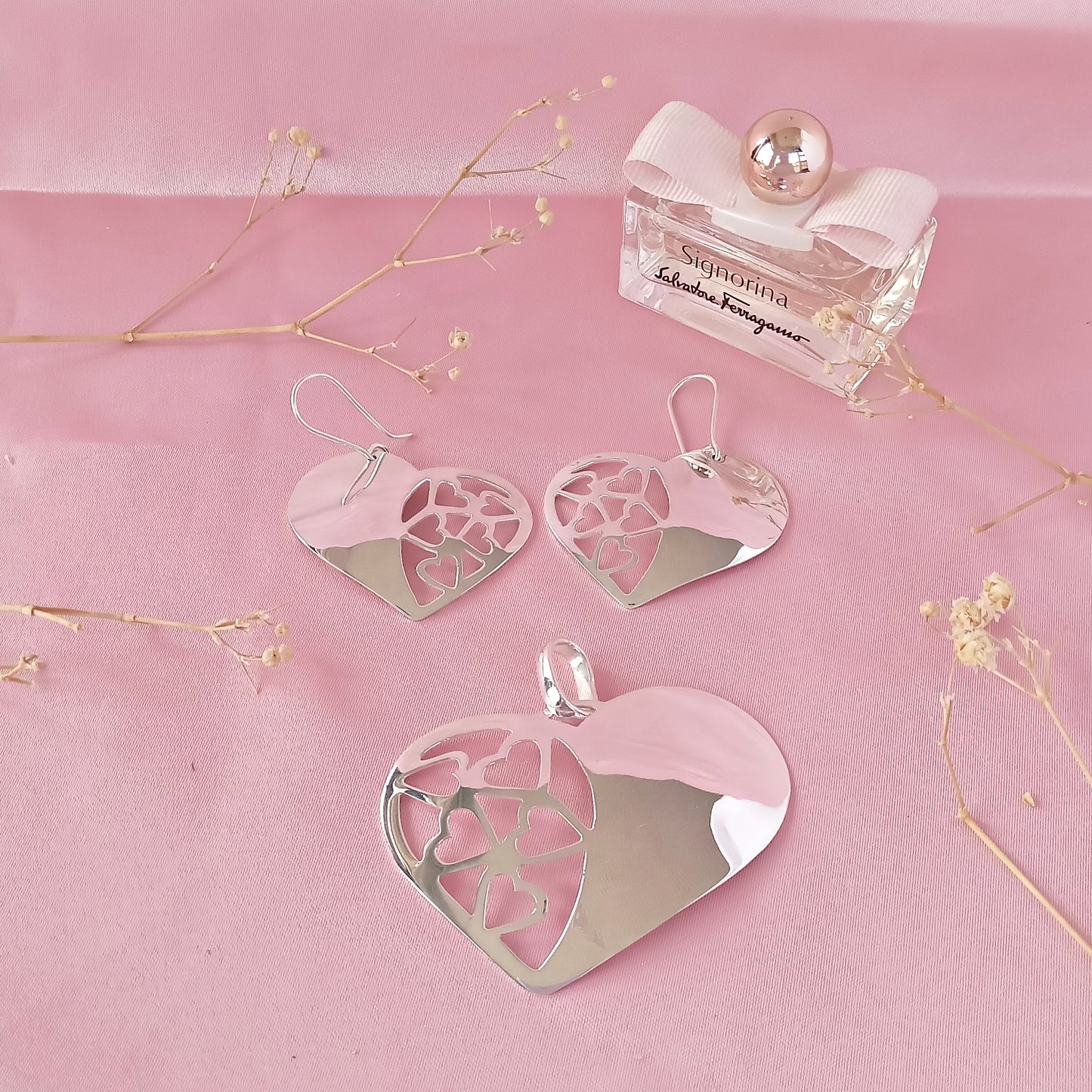 Juego Plateado Corazón Calado