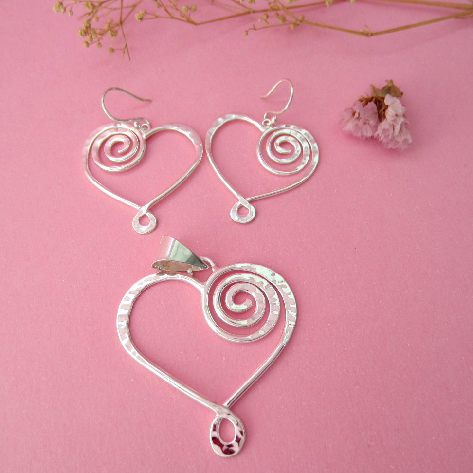 Juego Plateado Corazón Espiral