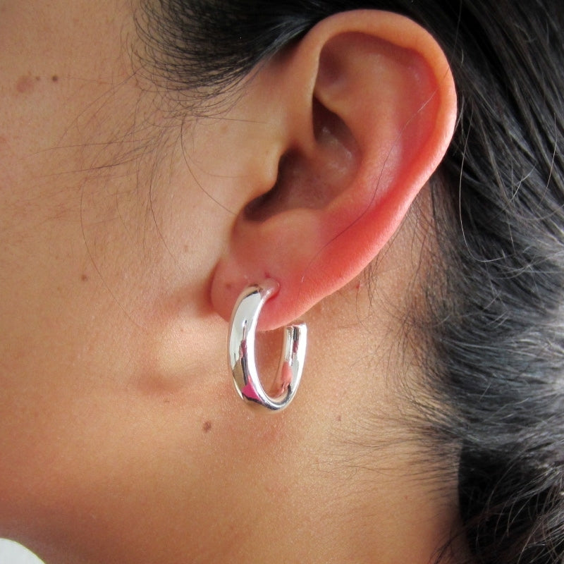 Silver round tube hoop earring