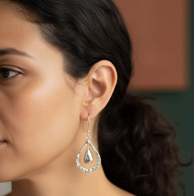 Aretes plateados gotas de lluvia