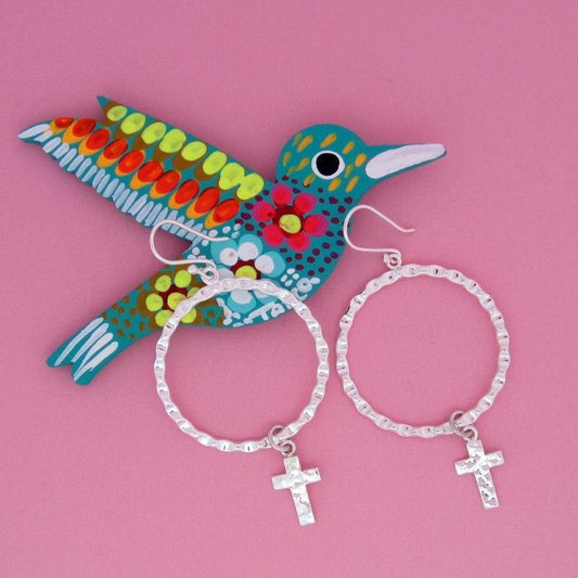 ARETES PLATEADOS AROS CRUZ COLGANTE - Petick Joyería Artesanal